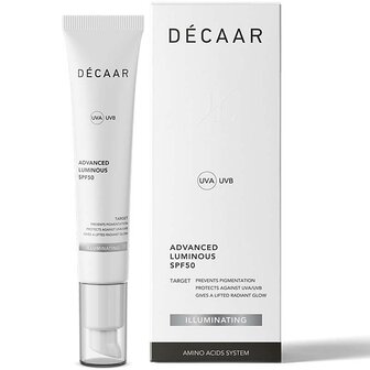 Decaar Advanced Luminous SPF50 50ml verpakking met product