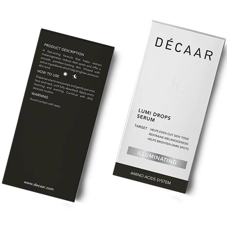 Decaar Lumi Drops Serum 30ml verpakking voor en achter