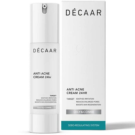 Decaar Anti Acne Cream 24hr 50ml verpakking met product